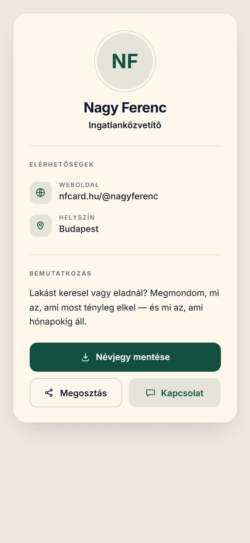 Nagy Ferenc NFCard profilja telefonon: név, elérhetőségek és a névjegy mentése gomb.